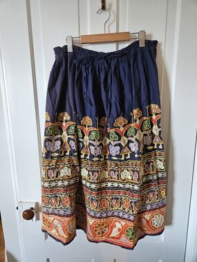 Vintage Boho Indian Mirror Work Embroidered Midi Skirt In Navy Blue